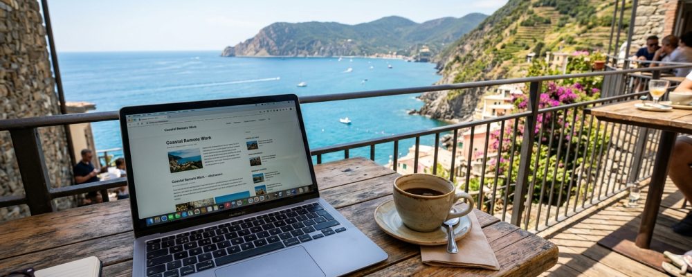 American expat Laptop Coastal Cafe Balcony